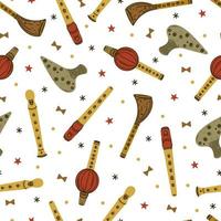 Flute seamless vector pattern. Block flute, ocarina, fife, whistle. Wooden musical instruments isolated on white. Tools for classical, folk melodies. Flat cartoon background for wallpaper, wrapping