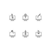 Modern monochrome symbols for web sites, apps, articles, stores, adverts. Editable strokes. Vector icon set with icon of pencil, house, kite, astronaut on computer monitor