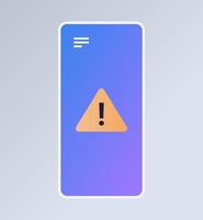 problema de software de aplicación de teléfono inteligente error y tecnología icono de signo de exclamación alerta de pantalla de teléfono inteligente concepto de notificación de advertencia ilustración de vector plano horizontal.