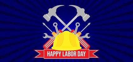 Happy Labor Day template background. Blue background with hammer symbol and red ribbon. Vector illustration