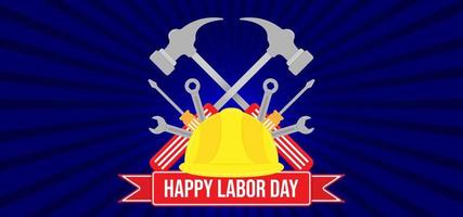 Happy Labor Day template background. Blue background with hammer symbol and red ribbon. Vector illustration