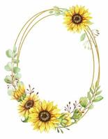 Sunflower wreath, golden round frame of yellow flowers, hand painted watercolor illustration on the white background