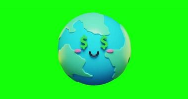 terra 3d fofa e adorável em loop com emoticons de personagem emoji de símbolos de dólar.