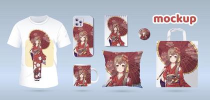 Anime Manga girl in traditional kimono. Identity branding mockup set top view. Prints on t-shirts, sweatshirts, cell phone cases, bags, souvenirs. Isolated vector illustration on white background