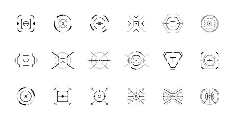 HUD aim control target system set. GUI and FUI interface. Futuristic military optical aiming collection. GUI digital radar elements. Gun focus range collimator sights. Digital dashboard eps crosshairs