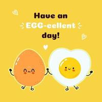 Cute happy boiled egg and fried egg card. Vector hand drawn doodle style cartoon character illustration icon design. Happy boiled egg and fried egg friends concept card