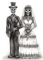 Art couple in love wedding skulls. Hand drawing and make graphic vector. vector