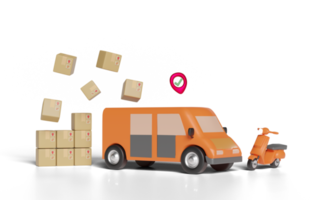 3d orange truck, delivery van with scooter, packaging, png
