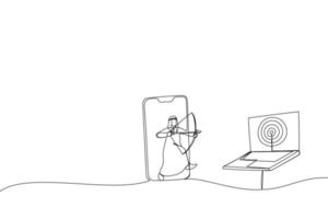 Cartoon of arab businessman from mobile app aiming target and other computer laptop. Metaphor for remarketing or behavioral retargeting in digital advertising. Single continuous line art style vector