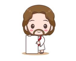 Jesus Christ holding empty board cartoon character. Cute mascot illustration. Isolated white background. Biblical story Religion and faith. vector