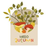 hola ilustración vectorial de otoño con frase en estilo de corte de papel decorada con hermosas hojas brillantes sobre fondo claro. diseño para tarjetas de felicitación, carteles promocionales o de venta, volante, banner web vector