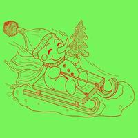 A cheerful snowman going on a holiday, on a sled with a Christmas tree.Hand-drawn in vintage style, on a green background. vector