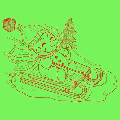 A cheerful snowman going on a holiday, on a sled with a Christmas tree.Hand-drawn in vintage style, on a green background.