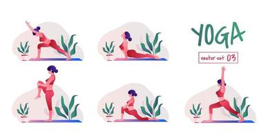 conjunto de ejercicios de yoga. mujer joven practicando posturas de yoga. mujer entrenamiento fitness, aeróbicos y ejercicios. vector