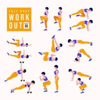 conjunto de chica de entrenamiento. mujer haciendo ejercicios de fitness y yoga. estocadas y sentadillas, tablones y abc. entrenamiento de cuerpo completo. vector