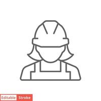 Female construction worker icon. Labor, builder, employee, hardhat concept. Simple outline style. Thin line vector design illustration isolated on white background. Editable stroke EPS 10.