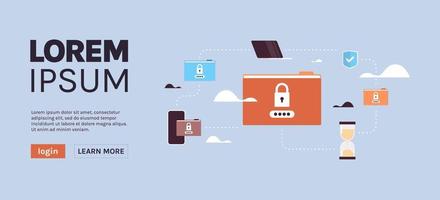 protección de datos candado seguridad privacidad base de datos y carpeta contraseña proteger mapa internet móvil computadora aplicación concepto horizontal vector plano ilustración.