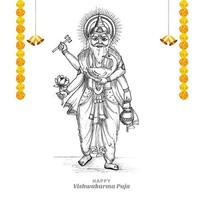 Hand draw hindu god vishwakarma sketch and vishwakarma puja holiday background vector