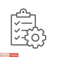 Clipboard with gear icon. Simple outline style. Project order, work, setting, technical support check list concept. Line vector illustration isolated on white background. Editable stroke EPS 10.