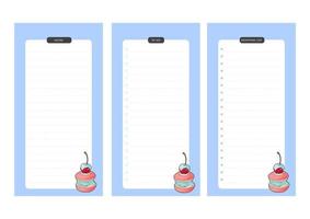 Set of notes and to do list with cute dessert illustrations. Template for planners, check lists, notebooks, shopping list, and other stationery. Vector