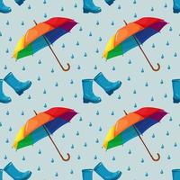 Seamless pattern with rainbow umbrella, rubber boots and raindrops on blue background vector