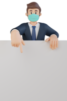 Businessman showing something on a blank white sheet character wearing mask 3d character illustration png