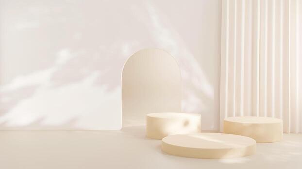 3D rendering Product display podium stand with curtain on Brown background. Mock up for the presentation. cylinder. photo