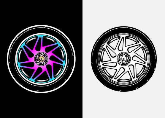 Different color set of car wheels, rubber tyre, car tyre, truck wheel illustration in race style. Racing wheels vector. Black and white isolated background. Eps 10.