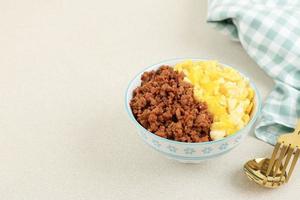 Tori Soboro Don, Steam Rice Topping with Stir Fry Minced Chicken and Scrambled Egg photo