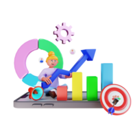3d character person doing digital marketing with graph png