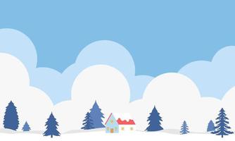 ilustración de paisaje invernal con pinos, nubes y casa. papel tapiz de invierno con diseño de estilo plano. ilustración de invierno con estilo de dibujos animados. Hola invierno. vector