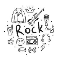 rock n roll, juego de garabatos de música punk. graffiti, pegatina dibujada a mano con tatuajes, texto, cráneo, corazón, patín, mano gestual. Ilustración de vector de roca grunge.