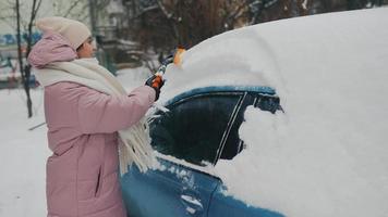 jong vrouw in roze gezwollen jas borstels sneeuw uit auto video