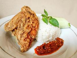 White rice served on a white plate with side dishes of fried chicken, sambal and cucumber photo