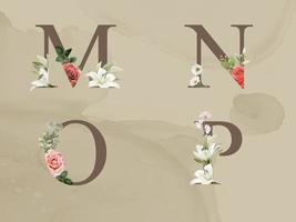 hermoso alfabeto floral con flores rojas y blancas y hojas verdes acuarela vector