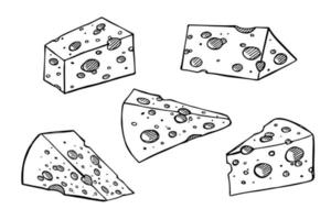 Hand drawn set of cheese parts and slices. Cheese icon. Vector cheese clipart