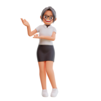 jeune femme d'affaires montrant quelque chose illustration de dessin animé 3d png