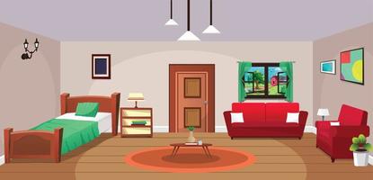 Room inside interior, Bedroom, Cartoon living room, kids bedroom with furniture. Teenage room with bed, Kid or child room. vector