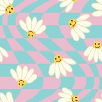 Retro Smile Chamomile Seamless Pattern on 1970 Wavy Swirl Seamless Pattern. Hippie Aesthetic. vector