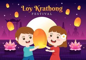 Loy Krathong Festival Celebration in Thailand Template Hand Drawn Cartoon Flat Illustration with Lanterns and Krathongs Floating on Water Design vector