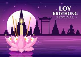 Loy Krathong Festival Celebration in Thailand Template Hand Drawn Cartoon Flat Illustration with Lanterns and Krathongs Floating on Water Design vector