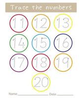 Trace the numbers 11 to 20 worksheet for kids. Tracing practice activity. Preschool handwriting exercise. Fine motor skills vector