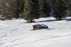 dolomitas nieve panorama cabaña de madera val badia armentara foto