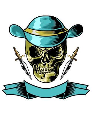 skull illustration logo with cowboy hat and knife beside