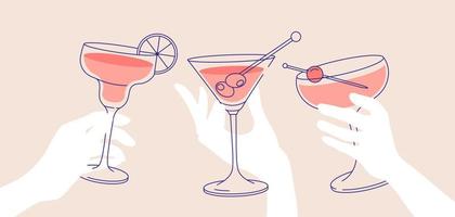 croquis, saludos. manos de mujer sosteniendo vasos de margaritas y martini. ilustración plana para tarjetas de felicitación, postales, invitaciones, diseño de menú. plantilla de arte lineal vector