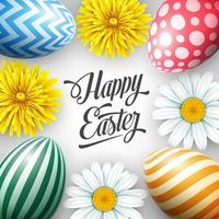 Easter greeting card with a top view of colorful eggs and flowers on white background vector