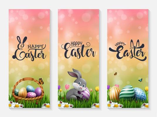 Collection of Easter banners with Easter eggs, little bunny, and basket in the grass
