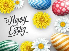 Easter greeting card with a top view of colorful eggs and flowers on white background vector