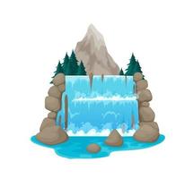 Cartoon mountain waterfall, water cascade on rocks vector
