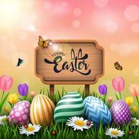 Easter greeting card with a wooden sign and colorful eggs and flowers in the grass
